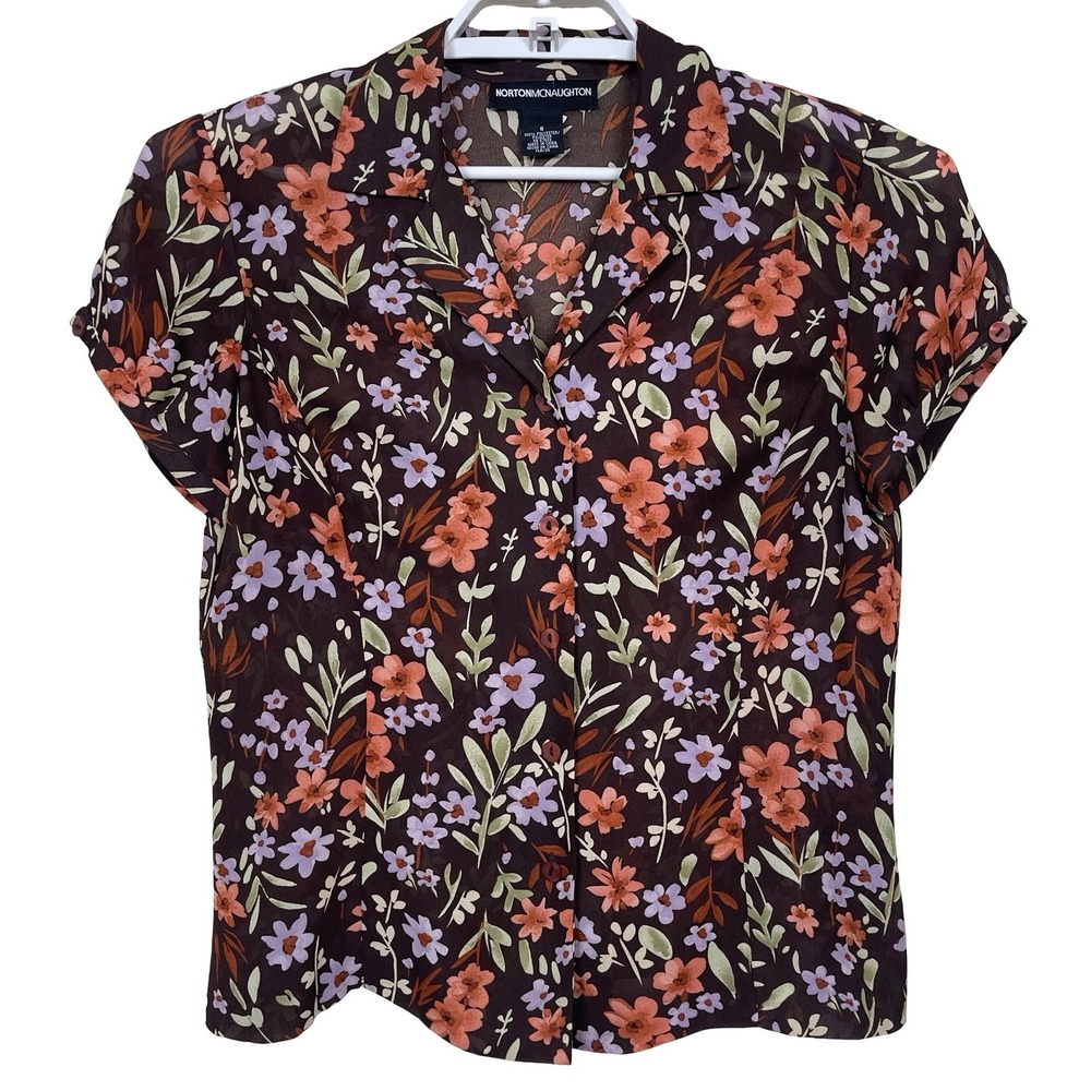 Vintage Norton McNaughton Chocolate Brown Floral Sheer Shirt 6 Y2K Academia